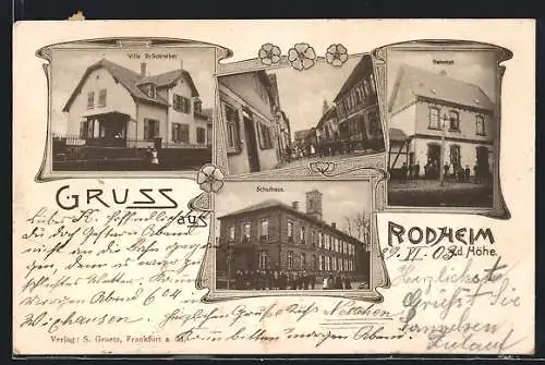 AK Rodheim v. d. Höhe, Villa Dr. Schreiber, Bahnhof, Schulhaus