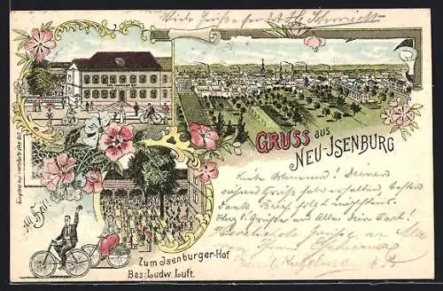 Lithographie Neu-Isenburg, Das Gasthaus Zum Isenburger-Hof, mit Gartenwirtschaft, Gesamtansicht