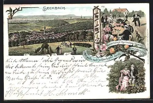 Lithographie Frankfurt-Seckbach, Panoramablick auf den Stadtteil, Ausflügler im Gasthaus