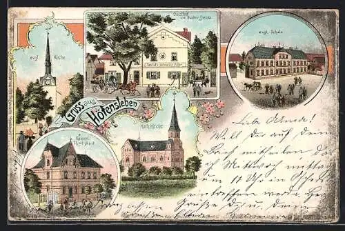 Lithographie Hötensleben, Gasthof von Gustav Deicke, evgl. Schule und Kirche, Kaiserl. Postamt, Kath. Kirche