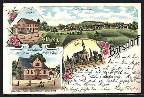 Lithographie Borsdorf / Hess., Gasthaus zur Sonne v. Hugo Uhl, Kirche, Schule, Gesamtansicht