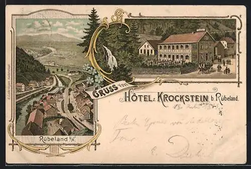 Lithographie Rübeland, Ortsansicht von oben, Hotel zum Krockstein