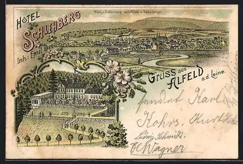 Lithographie Alfeld a. d. Leine, Das Hotel Schlehberg, Inh. Emil Dreusicke, Ortsansicht gegen das Siebengebirge