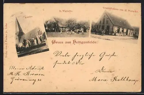 AK Heiligenfelde / Syke, Geschäftshaus und Gasthof H. Warneke, die Kirche