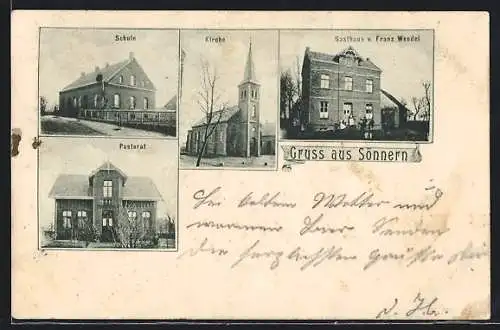 AK Sönnern, Gasthaus v. Franz Wendel, Schule, Kirche, Pastorat