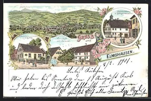 Lithographie Elmshausen / Ode, Gemeindehaus und Bürgermeisterei, Colonialwaarenhandlung v. A. Rettig, Gasthaus zur Sonne