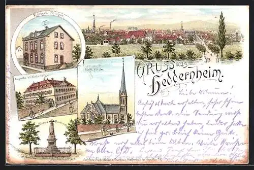 Lithographie Frankfurt-Heddernheim, Auguste Victoria-Stift, Kaiserl. Postamt, Kriegerdenkmal, Kath. Kirche