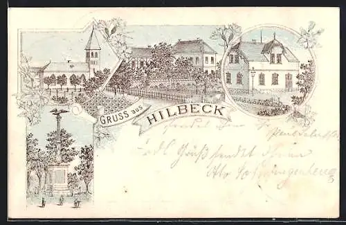 Lithographie Hilbeck, Die Kirche, das Denkmal, kleine Eisenbahn an einem Gebäude
