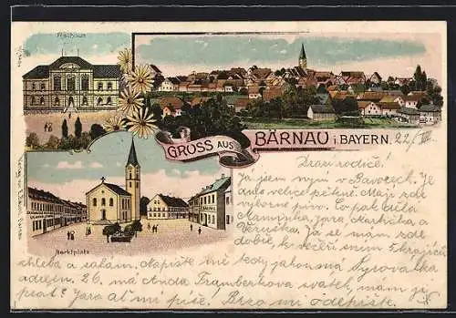 Lithographie Bärnau i. Bayern, Rathaus, Marktplatz mit Kirche