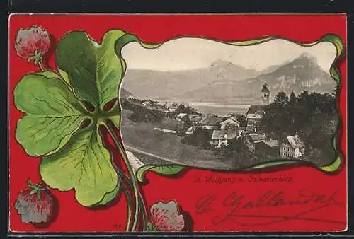 AK St. Wolfgang, Blick vom Calvarienberg im Kleeblatt-Passepartout