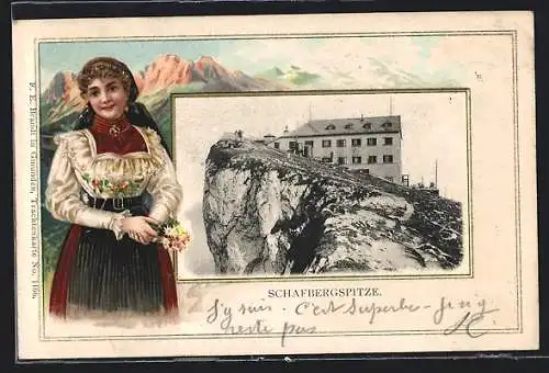 Lithographie Schafberg, Schafbergspitze, Hotel und Passepartout mit Frau in Tracht