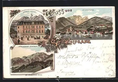 Lithographie St. Wolfgang, Schader`s Gasthof, Hotel Aussicht Schafberg