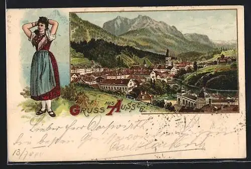 Lithographie Aussee, Ortsansicht mit Bergpanorama, Passepartout mit Frau in Tracht
