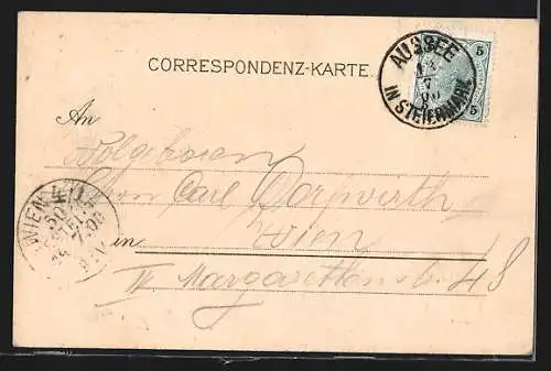 Lithographie Aussee, Ortsansicht mit Bergpanorama, Passepartout mit Frau in Tracht