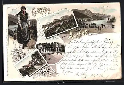 Lithographie Aussee, Cur-Anstalt Alpenheim, Grundlsee, Curhausplatz