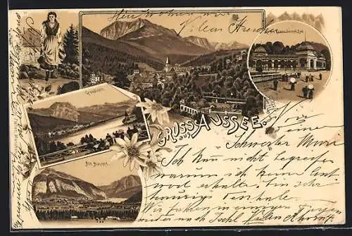 Lithographie Aussee, Kaiser Franz-Joseph-Bad, Grundlsee, Teilansicht, Steirerin in Tracht