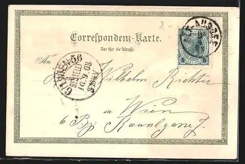 Lithographie Aussee, Kaiser Franz-Joseph-Bad, Grundlsee, Teilansicht, Steirerin in Tracht