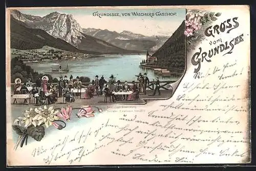Lithographie Grundlsee, Panoramablick von der Terrasse von Walchers Gasthof