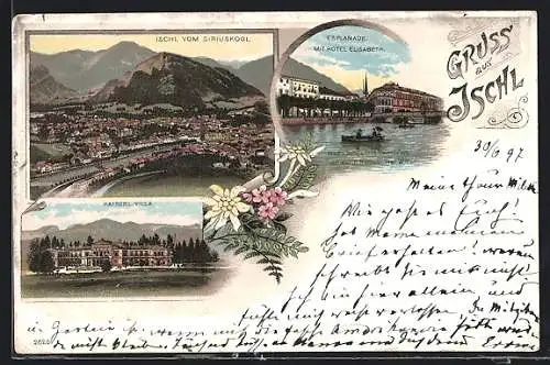 Lithographie Ischl, Kaiserl. Villa, Esplanade mit Hotel Elisabeth, Ortspanorama
