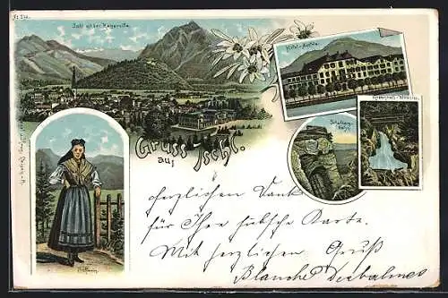 Lithographie Ischl, Hotel Austria, Schafbergbahn, Ischlerin