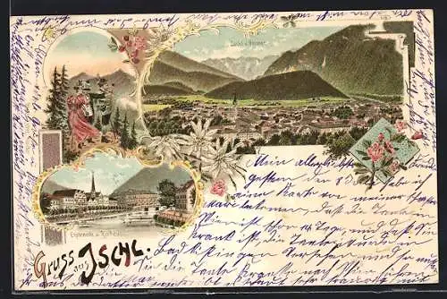 Lithographie Ischl, Gesamtansicht, Esplanade mit Kurhaus & Bergsteiger