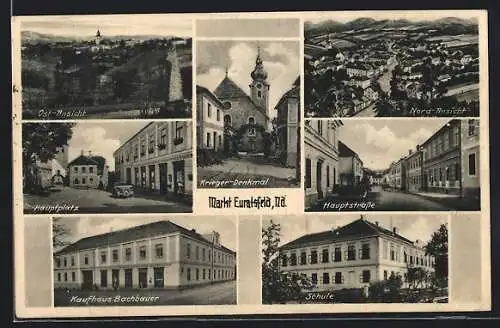 AK Euratsfeld /N. D., Kaufhaus Bachbauer, Schule, Hauptstrasse und Hauptplatz