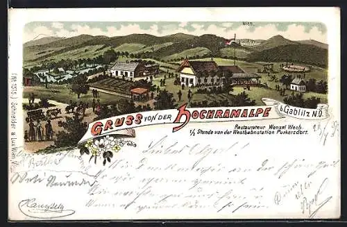 Lithographie Gablitz, Restauration Hochramalpe, Blumen