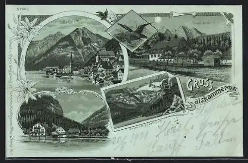 Mondschein-Lithographie Hallstatt, Gosau-Schmied, Gosau-Mühle, Ortsansicht