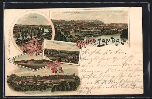 Lithographie Lambach /O.-Oe., K. K. Staatshengsten Depot, Flachsspinnerei, Ortsansicht