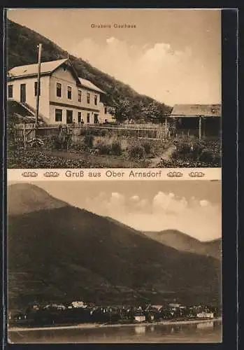AK Ober Arnsdorf, Grubers Gasthaus, Ortsansicht aus der Vogelschau