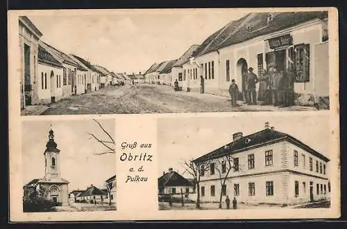 AK Obritz a. d. Pulkau, Die Kirche, Strassenpartie mit der Gaststätte Johann Bauer