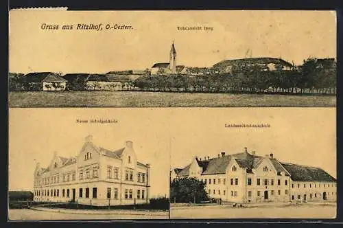 AK Ansfelden /O.-Oe., Ritzlhof, Neues Schulgebäude, Landesackerbauschule, Gesamtansicht Berg