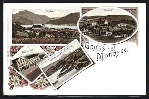 Lithographie Mondsee, Hotel zur Post, Landungsplatz und Bahnhof, Mariahilf, Ortsansicht gegen den See