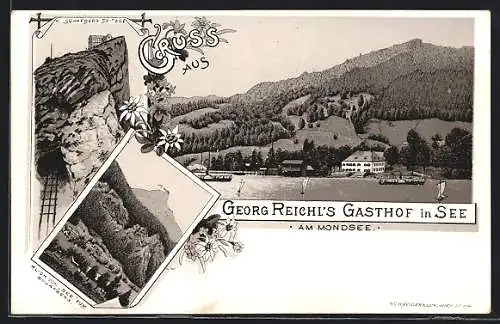 Lithographie Unterach am Attersee, See am Mondsee, Georg Reichl`s Gasthof, Schafberg Spitze, Blick zum Schafberg