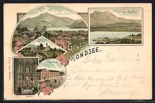 Lithographie Mondsee, Landungsplatz und Bahnhof, Gasthof zur Post