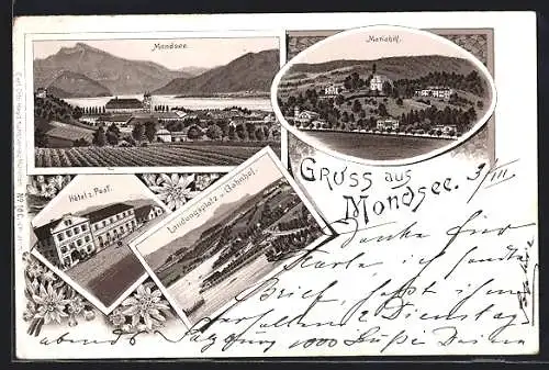 Lithographie Mondsee, Hotel z. Post, Landungsplatz und Bahnhof, Mariahilf