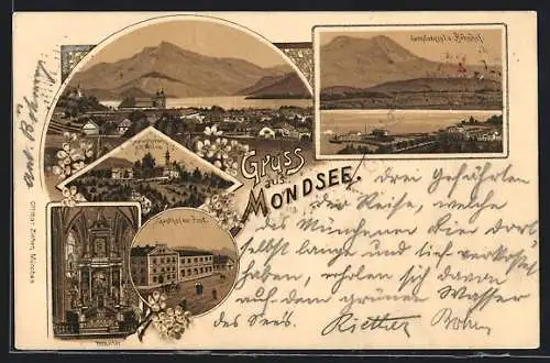 Lithographie Mondsee, Bahnhof und Landungsplatz, Gasthof zur Post, Mariahilferberg mit Kirchlein, Pferdekutsche