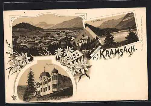 Lithographie Kramsach, Totalansicht, Rainthaler See, Gräfl. Taxis`sches Schloss