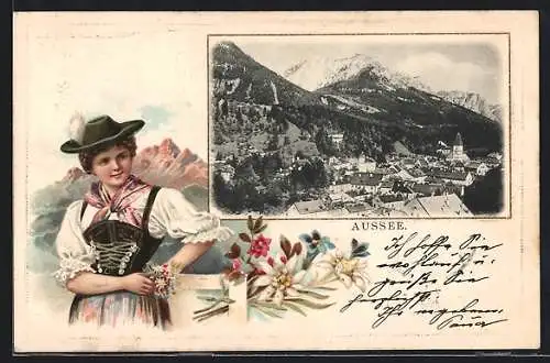 AK Aussee, Ortsansicht in den Bergen, Bauernmädchen in Tracht im Passepartout