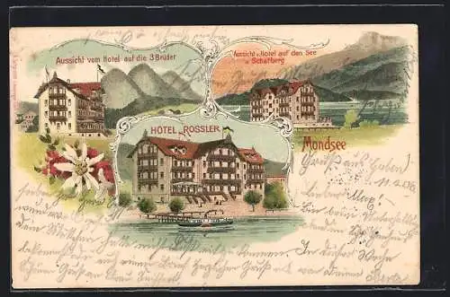 Lithographie Mondsee, Hotel Rossler, 3 Brüder, See und Schafberg