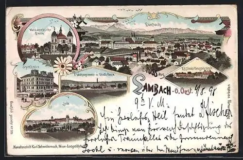 Lithographie Lambach /O.-Oe., Wallfahrtskirche Paura, Sparkasse, Flachspinnerei in Stadl-Paura