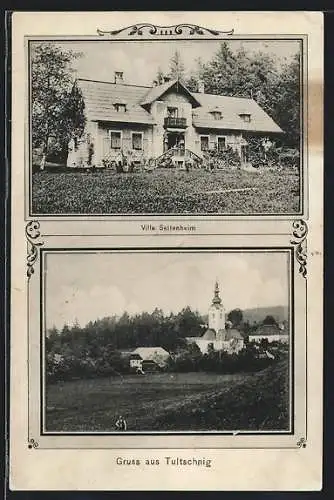 AK Krumpendorf am Wörthersee, Tultschnig, Villa Seltenheim, Ortsansicht mit Kirche