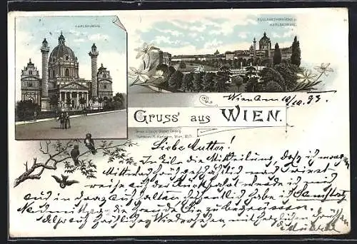 Vorläufer-Lithographie Wien, 1893, Karlskirche, Elisabethbrücke und Karlskirche
