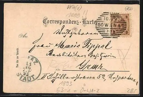 Vorläufer-Lithographie Wien, 1893, Karlskirche, Elisabethbrücke und Karlskirche