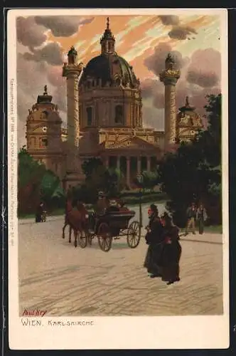 Künstler-Lithographie Paul Hey: Wien, Karlskirche bei Gewitterstimmung