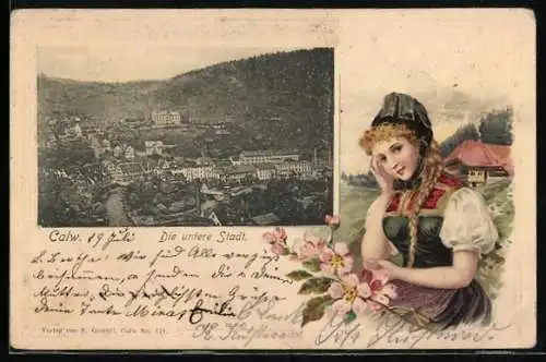 Passepartout-Lithographie Calw, Die untere Stadt, Bauernmädchen im Passepartout