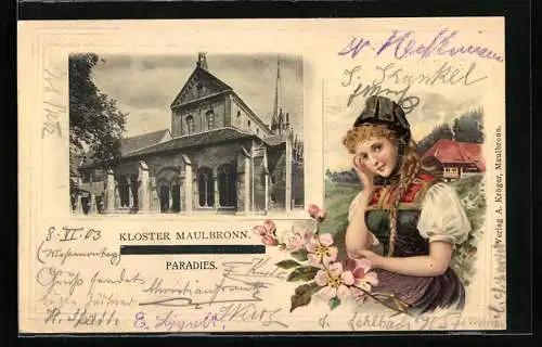 Passepartout-Lithographie Maulbronn, Kloster mit Brunnenkapelle und Kreuzgang, Bauernmädchen im Passepartout