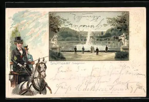 Lithographie Stuttgart, Anlagensee, Kutscherin mit weissem Pferd