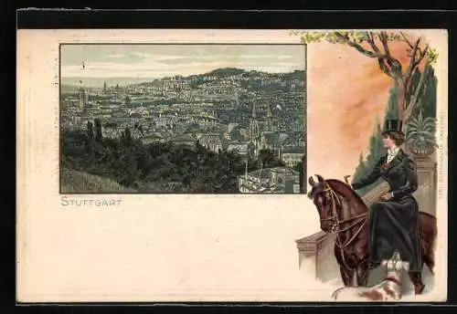 Passepartout-Lithographie Stuttgart, Totalansicht mit Reiterin