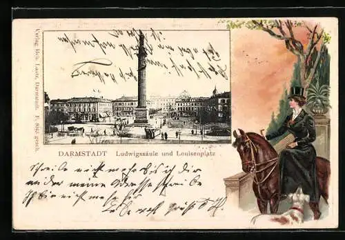 Passepartout-Lithographie Darmstadt, Ludwigssäule und Louisenplatz, Reiterin mit Hund im Passepartout